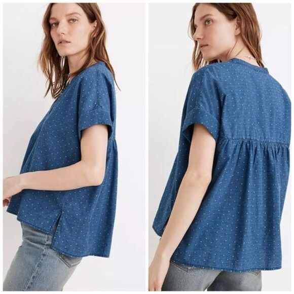 ✨MADEWELL LAKELINE SWISS DOT POPOVER SZ S SHIRT IN SWISS DOT INDIGO SWISSDOT✨ - Picture 1 of 7